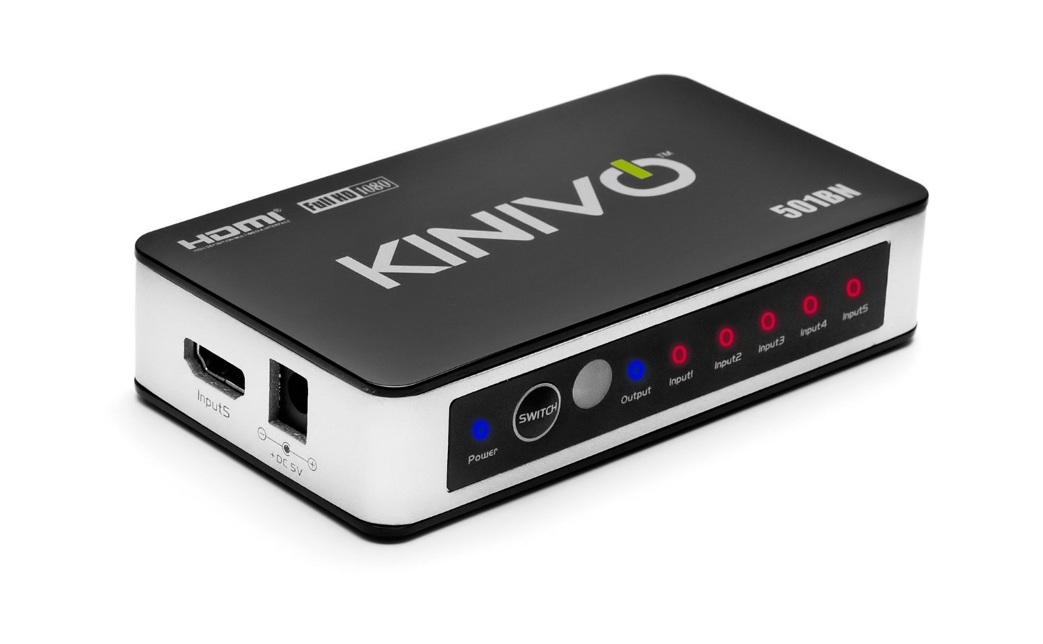 Kinivo 501BN HDMI switch front panel with switch button and input LEDs