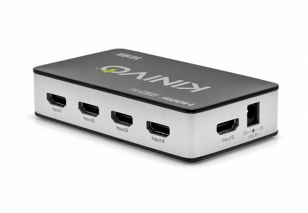 Back and side of the Kinivo 501BN showing inputs 1 through 4 on the back and input 5 with the power jack on the side