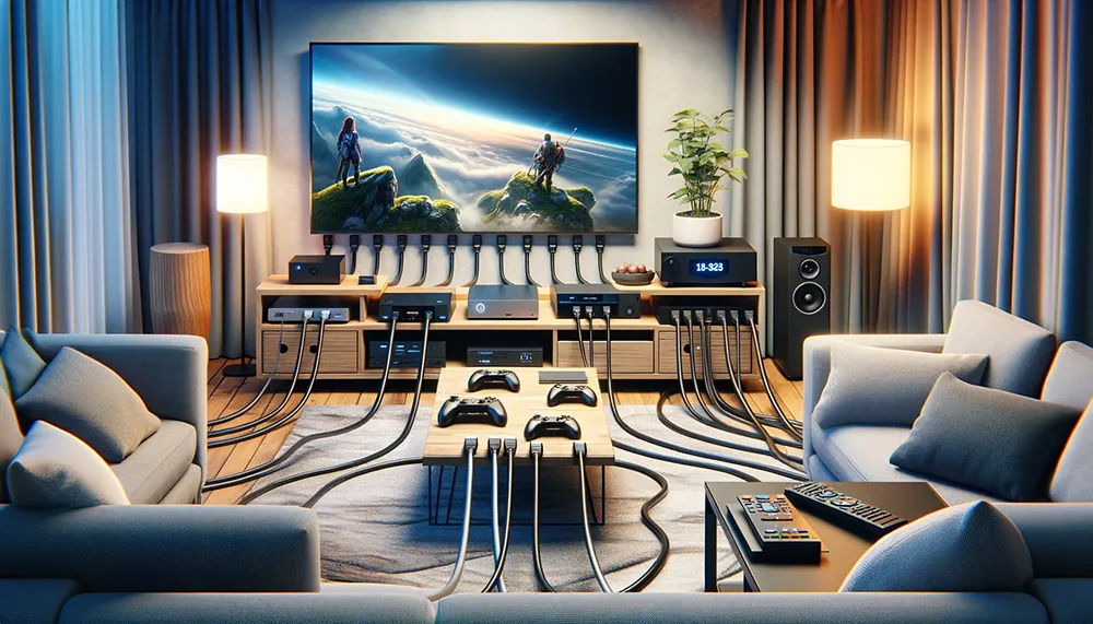 HDMI cables connecting devices to a flat-screen TV in a living room
